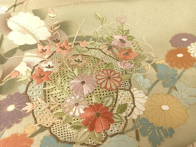 平和屋着物●訪問着 中国三大刺繍 汕頭刺繍 スワトウ刺繍 雪輪枝花文 暈し染め 金彩 正絹 逸品 AAAW4107np