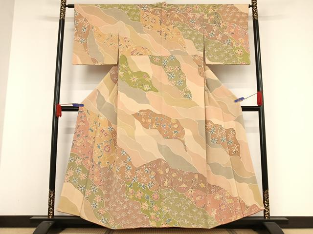 平和屋着物●訪問着 更紗花文 鬼しぼ縮緬 正絹 逸品 AAAW4116np