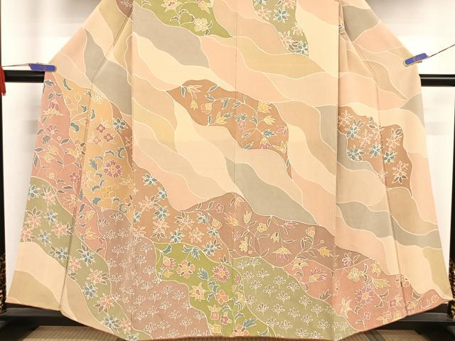 平和屋着物●訪問着 更紗花文 鬼しぼ縮緬 正絹 逸品 AAAW4116np