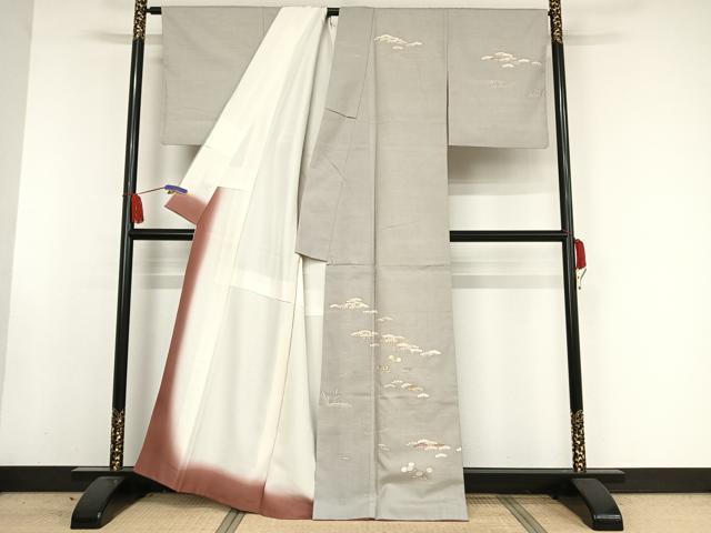 平和屋着物●銀座きしや 訪問着 結城紬地 駒刺繍 流水草花文 松 金糸 金彩 正絹 逸品 AAAW4184np