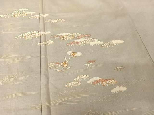 平和屋着物●銀座きしや 訪問着 結城紬地 駒刺繍 流水草花文 松 金糸 金彩 正絹 逸品 AAAW4184np