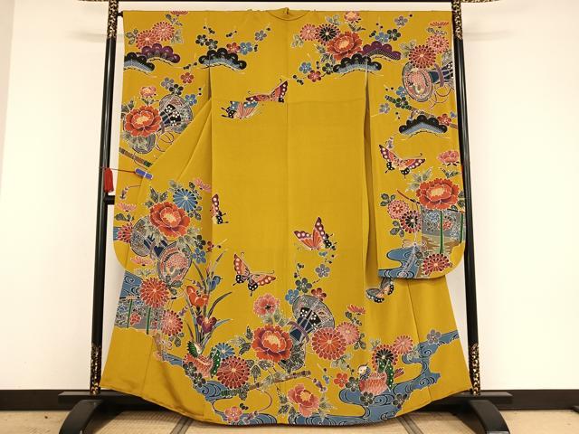 平和屋着物●紅型 振袖 鴛鴦花蝶文 鬼しぼ縮緬 正絹 逸品 AAAW4262np