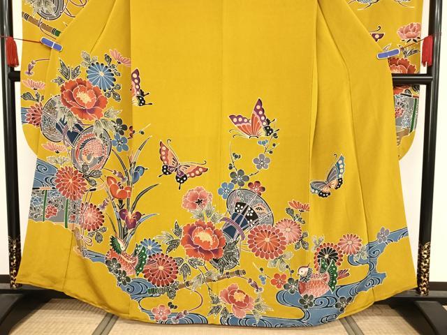 平和屋着物●紅型 振袖 鴛鴦花蝶文 鬼しぼ縮緬 正絹 逸品 AAAW4262np