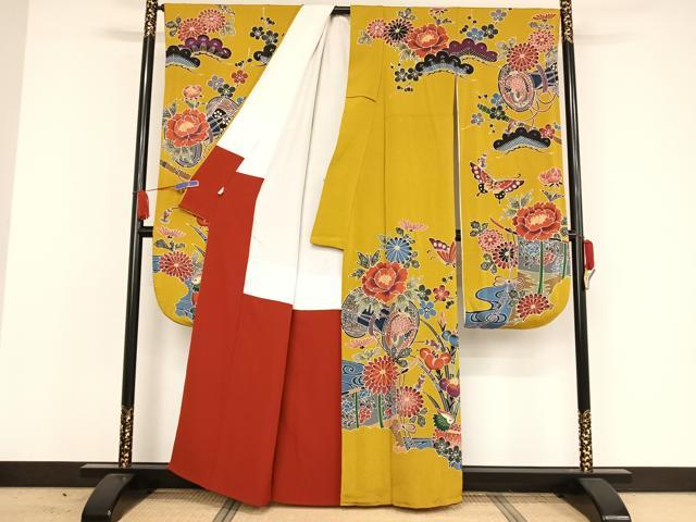 平和屋着物●紅型 振袖 鴛鴦花蝶文 鬼しぼ縮緬 正絹 逸品 AAAW4262np