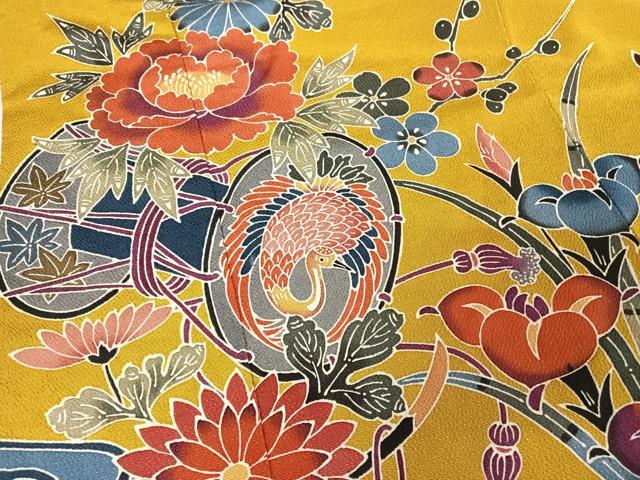 平和屋着物●紅型 振袖 鴛鴦花蝶文 鬼しぼ縮緬 正絹 逸品 AAAW4262np