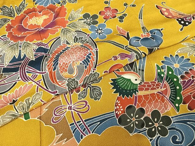 平和屋着物●紅型 振袖 鴛鴦花蝶文 鬼しぼ縮緬 正絹 逸品 AAAW4262np
