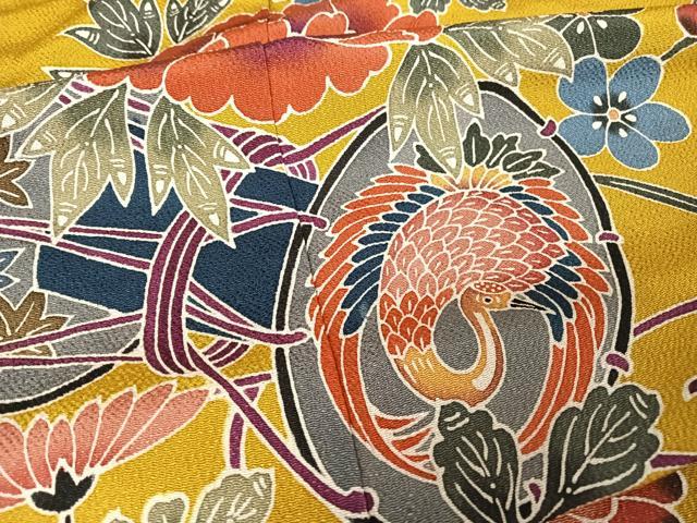 平和屋着物●紅型 振袖 鴛鴦花蝶文 鬼しぼ縮緬 正絹 逸品 AAAW4262np
