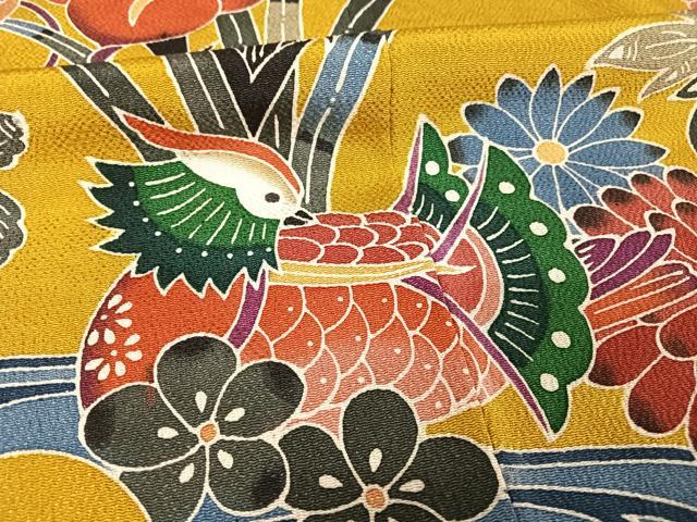平和屋着物●紅型 振袖 鴛鴦花蝶文 鬼しぼ縮緬 正絹 逸品 AAAW4262np