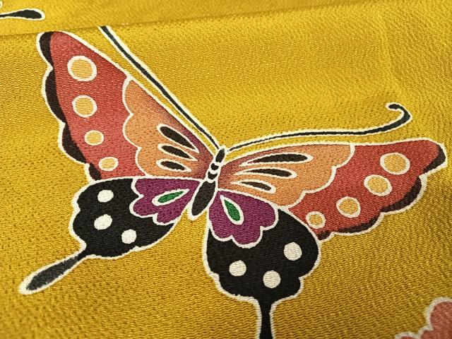 平和屋着物●紅型 振袖 鴛鴦花蝶文 鬼しぼ縮緬 正絹 逸品 AAAW4262np