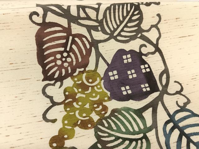 平和屋着物●紅型 全通柄九寸名古屋帯 ぜんまい紬地 葡萄蔦の葉文 正絹 逸品 AAAW4302np