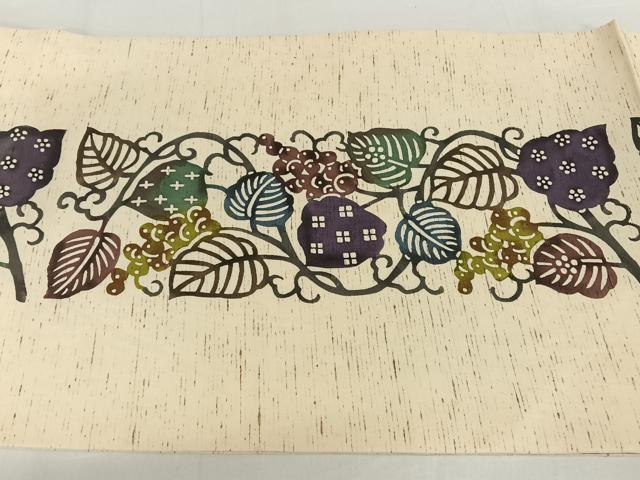 平和屋着物●紅型 全通柄九寸名古屋帯 ぜんまい紬地 葡萄蔦の葉文 正絹 逸品 AAAW4302np
