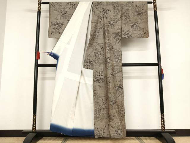 平和屋着物●小千谷紬 流水草花文 正絹 逸品 AAAW4365np