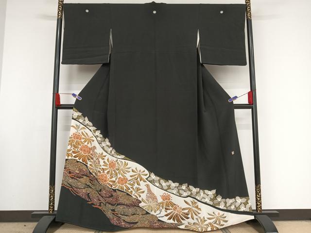 平和屋着物●豪華黒留袖 友禅 作家物 草花にライチョウ 金彩 正絹 逸品 AAAW4371np