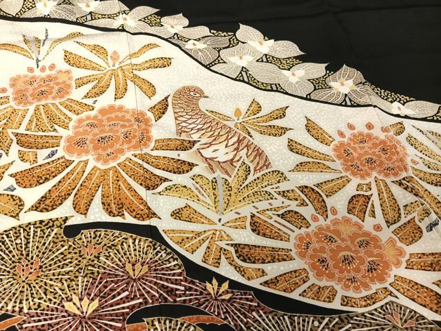 平和屋着物●豪華黒留袖 友禅 作家物 草花にライチョウ 金彩 正絹 逸品 AAAW4371np