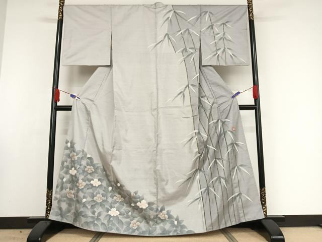 平和屋着物●本場大島紬 訪問着 手描き 白大島 笹に椿 正絹 逸品 AAAW4390np