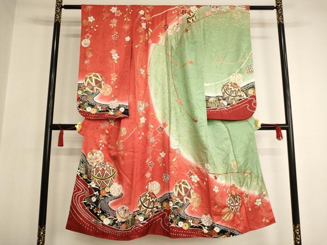 平和屋着物∵女の子 十三参り 子供 駒刺繍 流水花手毬文 暈し染め 金彩 正絹 逸品 AAAW6824ja