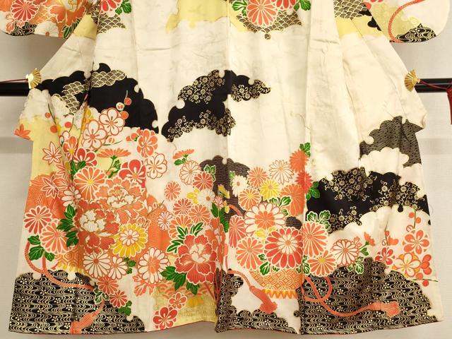 平和屋着物∵女の子 十三参り 子供 祝着 駒刺繍 飾花文 金彩 正絹 逸品 AAAW6886ja