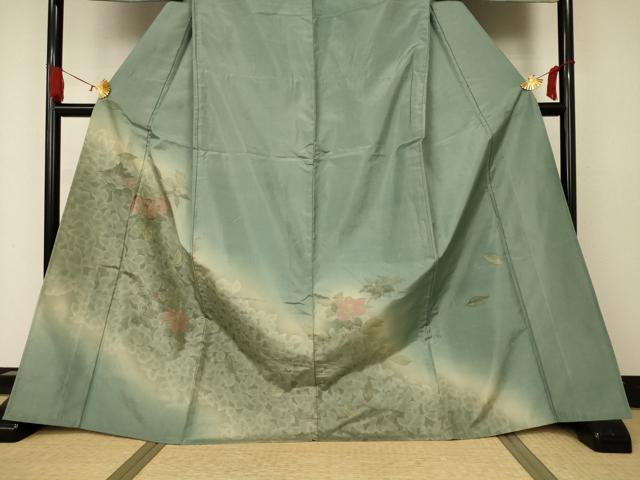 平和屋着物▽訪問着 本場染大島紬 単衣 刺繍 草花文 暈し染め 正絹 逸品 AAAW7293jd