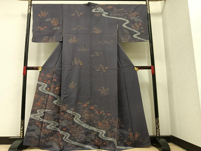 平和屋着物●訪問着 絞り 刺繍 流水草花文 金彩 正絹 逸品 AAAW7494ph