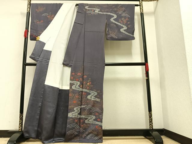 平和屋着物●訪問着 絞り 刺繍 流水草花文 金彩 正絹 逸品 AAAW7494ph