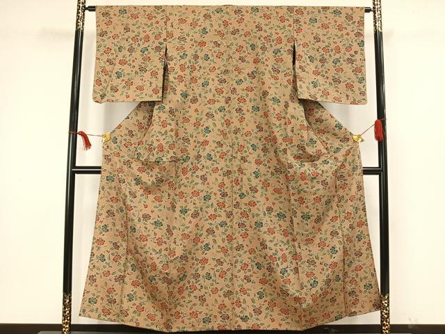 平和屋着物▽上質な小紋 単衣 紬地 花唐草文 正絹 逸品 AAAW7592fy