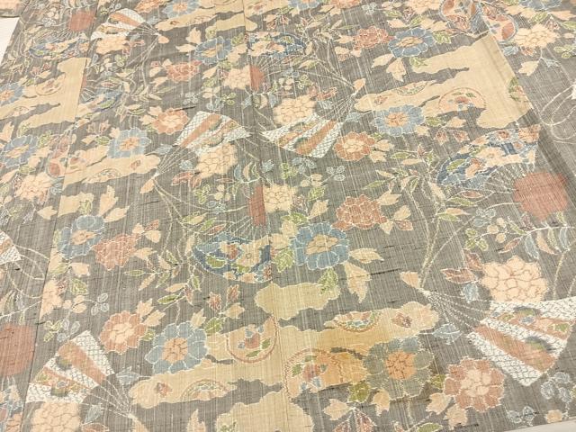 平和屋着物▽草昧紬 小千谷紬 単衣 扇面花文 証紙付き 正絹 逸品 AAAW7610fy