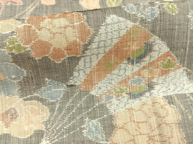 平和屋着物▽草昧紬 小千谷紬 単衣 扇面花文 証紙付き 正絹 逸品 AAAW7610fy