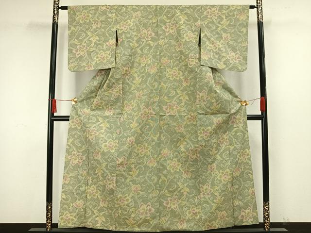 平和屋着物▽上質な紬 単衣 草花文 正絹 逸品 AAAW7614fy