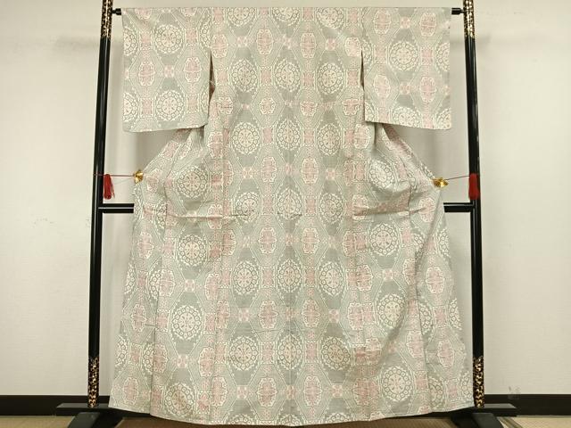平和屋着物▽上質な紬 単衣 幾何学文様 正絹 逸品 未使用 AAAW7615fy