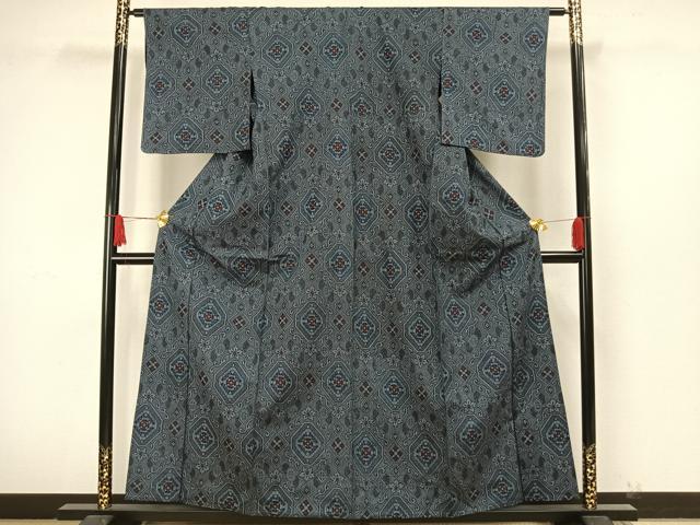 平和屋着物▽上質な紬 単衣 幾何学花文 正絹 逸品 AAAW7621fy