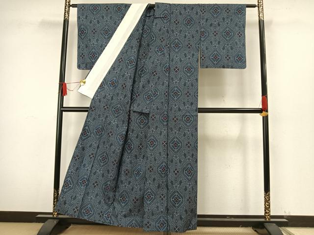 平和屋着物▽上質な紬 単衣 幾何学花文 正絹 逸品 AAAW7621fy