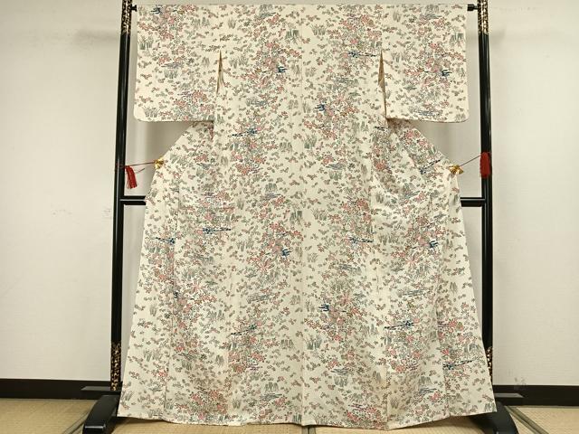 平和屋着物▽上質な小紋 単衣 舞蝶花鳥文 正絹 逸品 AAAW7630fy