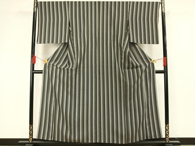平和屋着物▽上質な小紋 単衣 縞 黒地 正絹 逸品 AAAW7636fy
