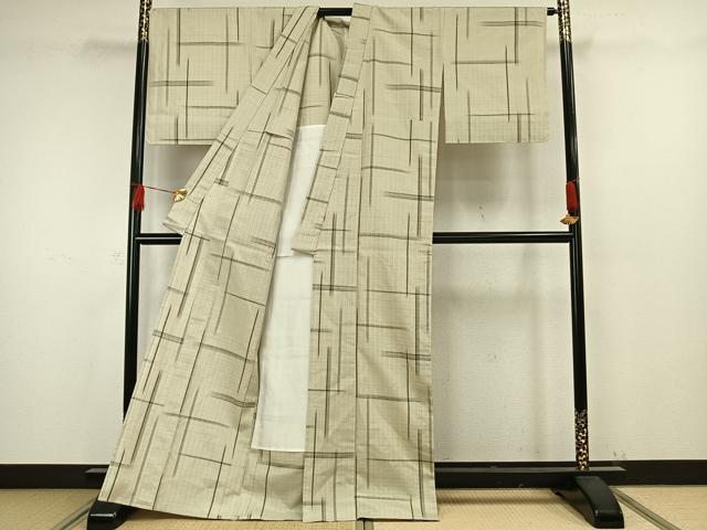 平和屋着物▽上質な紬 単衣 紬紅梅織 格子 反端付き 正絹 逸品 未使用 AAAW7653fy