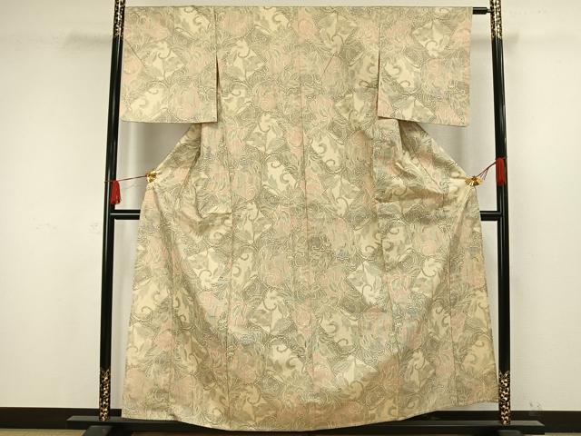 平和屋着物▽上質な紬 単衣 草花文 正絹 逸品 AAAW7655fy