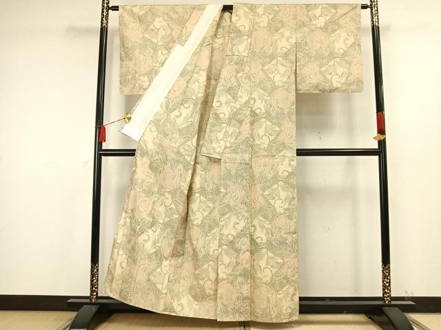 平和屋着物▽上質な紬 単衣 草花文 正絹 逸品 AAAW7655fy
