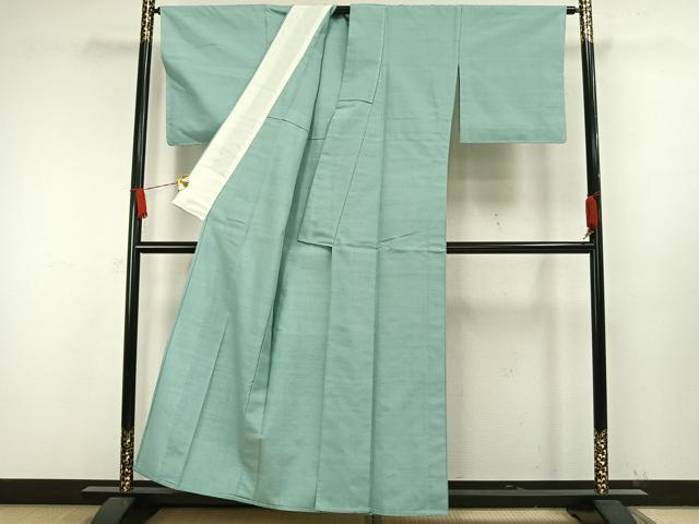 平和屋着物▽結城紬 単衣 色無地 白群色 正絹 逸品 未使用 AAAW7670fy
