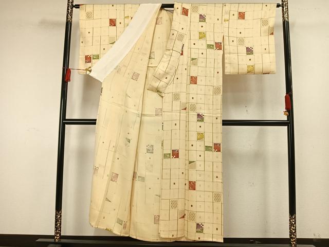 平和屋着物▽上質な小紋 単衣 色紙文 金彩 正絹 逸品 AAAW7684fy