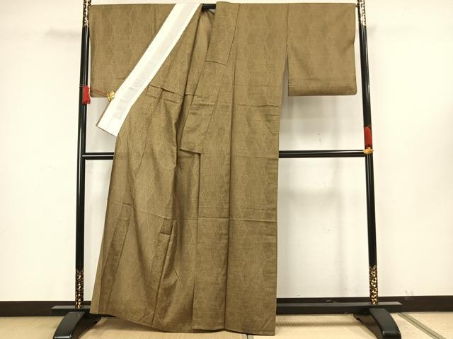 平和屋着物▽絹花紬 単衣 民芸手織絣 幾何学文様 反端付き 正絹 逸品 AAAW7698fy