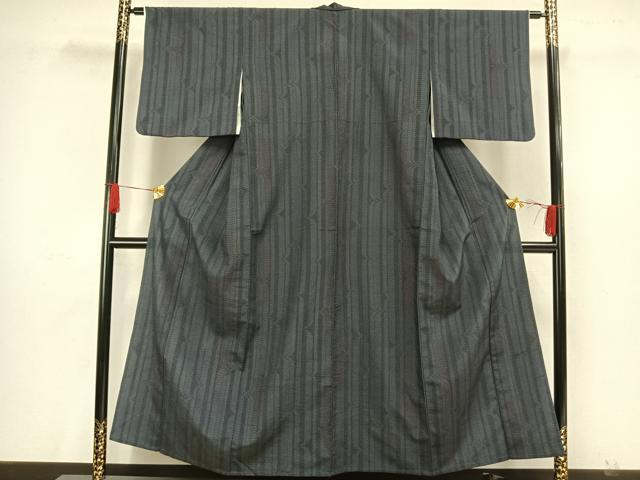 平和屋着物▽本塩沢 単衣 110亀甲 変わり縞 正絹 逸品 AAAW7712fy
