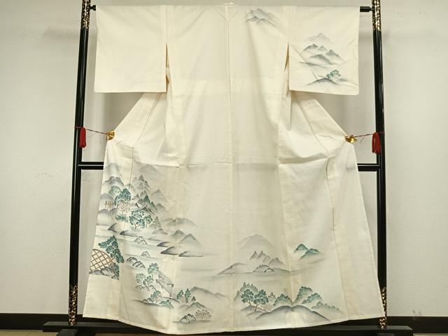 平和屋着物▽訪問着 単衣 紬地 手描き 風景文 正絹 逸品 AAAW7714fy