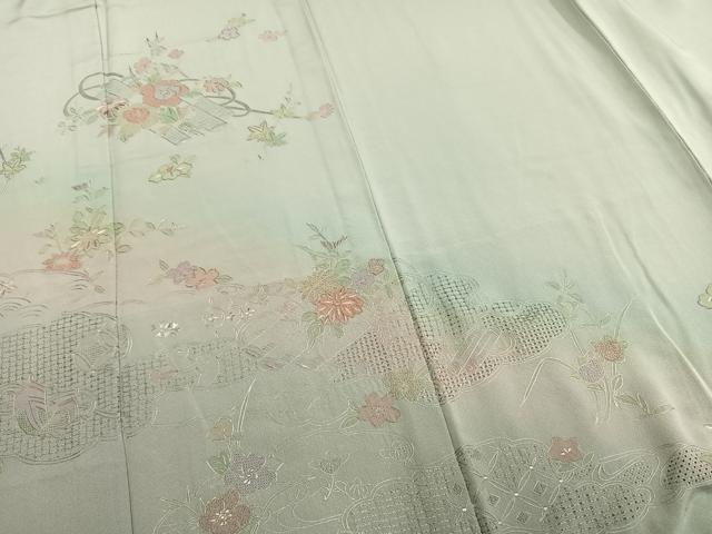 平和屋着物▽訪問着 単衣 中国三大刺繍 汕頭刺繍 スワトウ刺繍 相良刺繍 草花文 暈し染 金糸 さが美扱い 正絹 逸品 AAAW7715fy