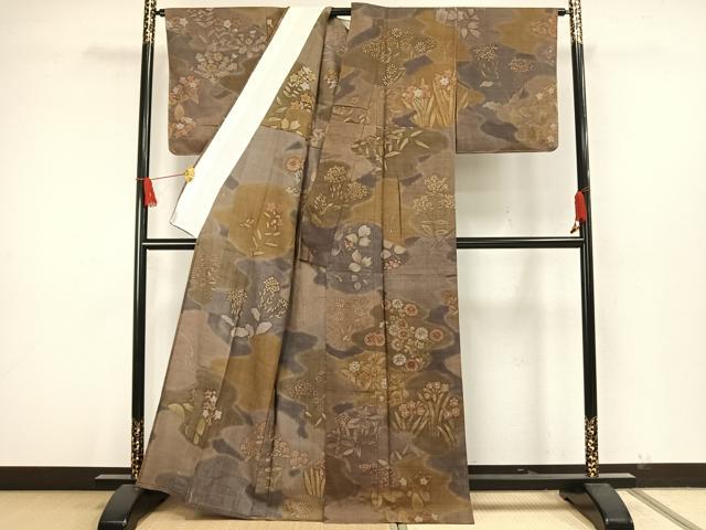 平和屋着物▽上質な小紋 単衣 紬地 草花文 金彩 正絹 逸品 未使用 AAAW7731fy