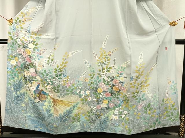 平和屋着物▽訪問着 単衣 友禅 作家物 孔雀草花文 正絹 逸品 AAAW7733fy