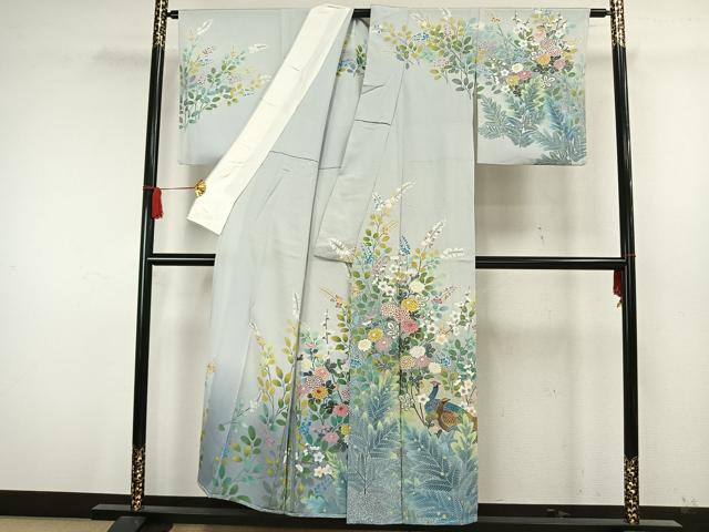 平和屋着物▽訪問着 単衣 友禅 作家物 孔雀草花文 正絹 逸品 AAAW7733fy