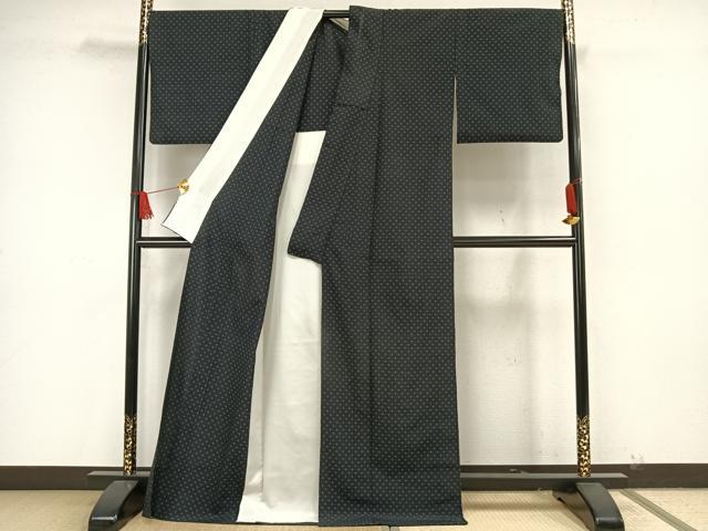 平和屋着物▽本塩沢 単衣 十字絣 黒地 正絹 逸品 AAAW7739fy