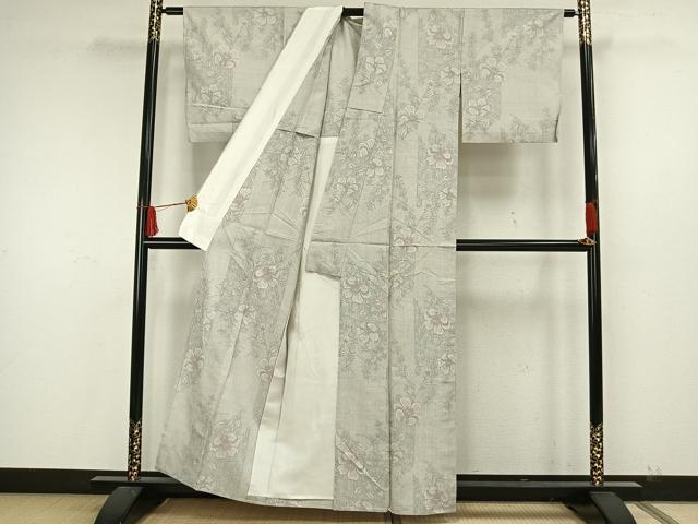 平和屋着物▽上質な紬 単衣 草花文 正絹 逸品 AAAW7761fy