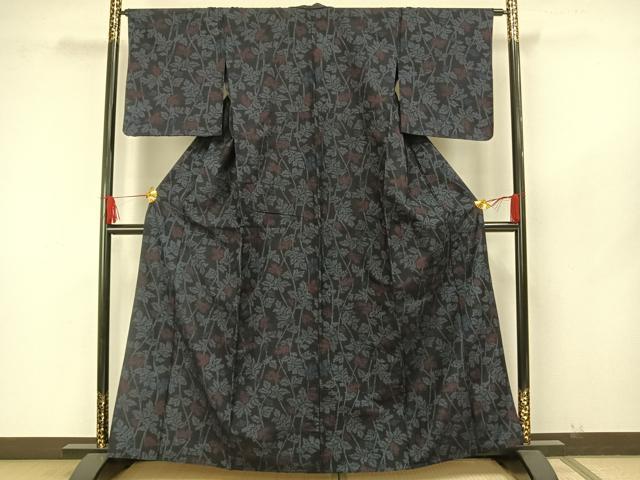平和屋着物▽結城紬 単衣 枝葉文 正絹 逸品 AAAW7766fy