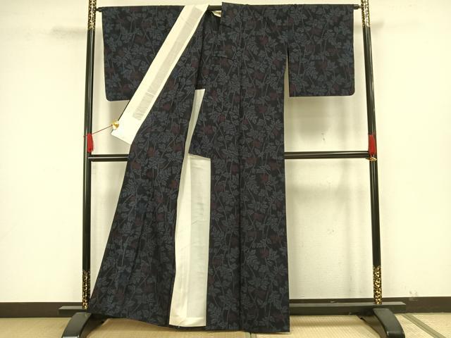 平和屋着物▽結城紬 単衣 枝葉文 正絹 逸品 AAAW7766fy