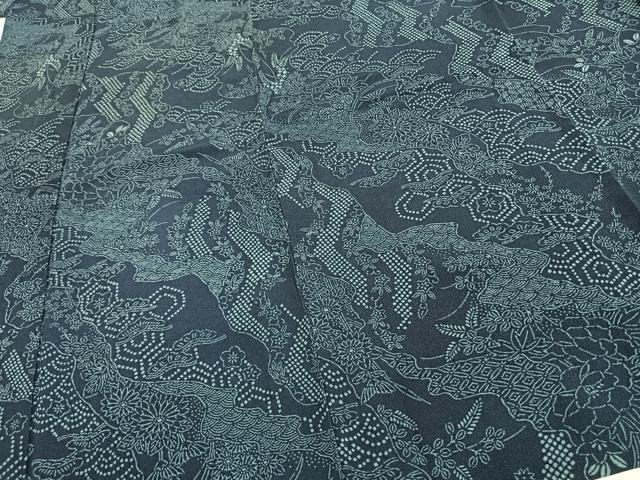 平和屋着物▽上質な小紋 単衣 藍 型染め 草花文 鬼しぼ縮緬 正絹 逸品 AAAW7767fy